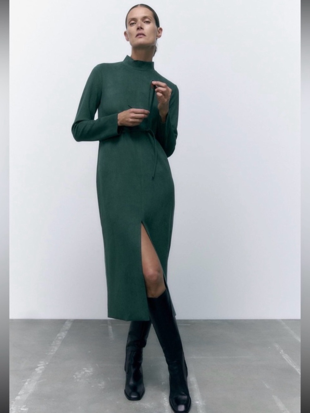 Zara Women Green Suede Midi Dress Size S High Neck Long Sleeve Front Slit Belted